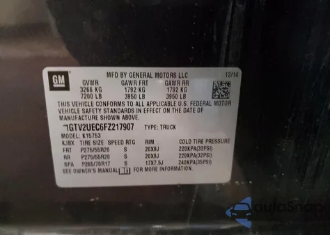 2015 GMC Sierra K1500 Sle из США, поврежденный, VIN 1GTV2UEC6FZ217907